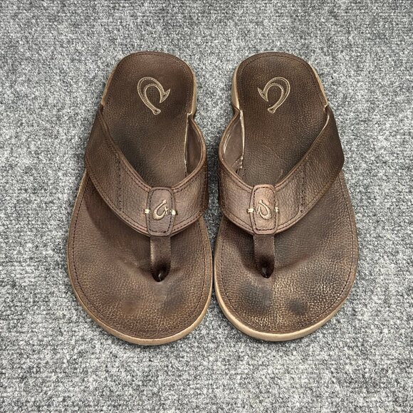 OluKai NUI Flip Flops Men's Size 10 Brown Leather Outdoor Beach Thong Sandals - Picture 3 of 11
